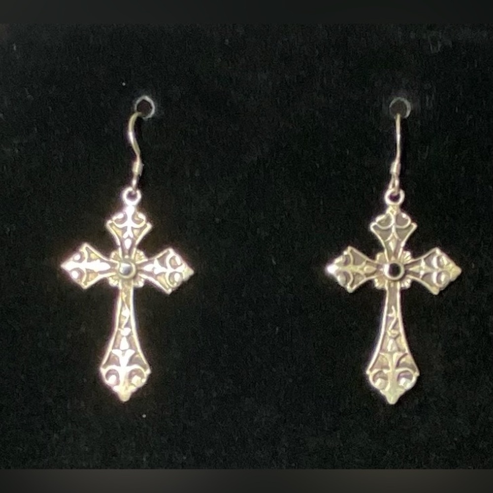 925 Silver Ornate Cross French Hook Earrings